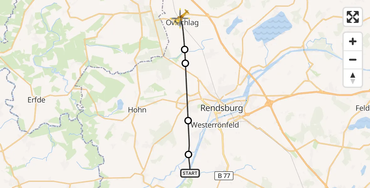 Flugroute Ambulanzhubschrauber Schülp b.Rendsburg - Owschlag, 16 Juni 2026, 07:37