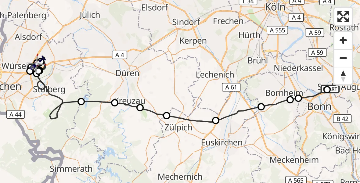 Flugroute Polizeihubschrauber Sankt Augustin - Aachen-Merzbrück Flughafen, 16 Juni 2026, 07:38