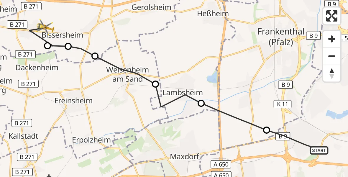 Flugroute Rettungshubschrauber Ludwigshafen am Rhein - Kirchheim an der Weinstraße, 16 Juni 2026, 07:41