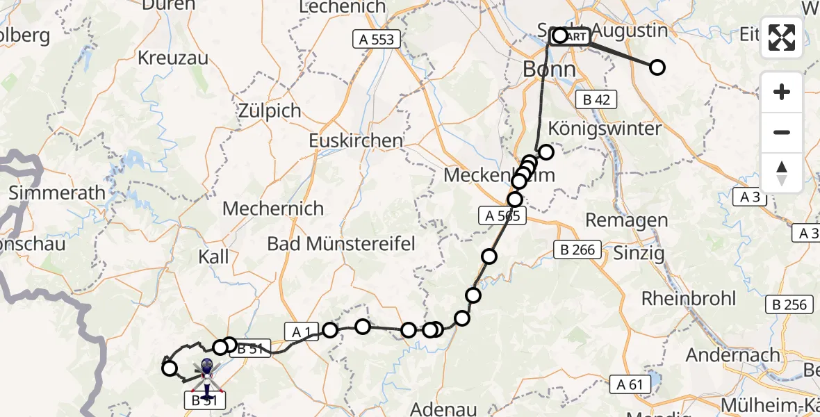 Flugroute Polizeihubschrauber Bonn - Dahlem, 16 Juni 2026, 07:44
