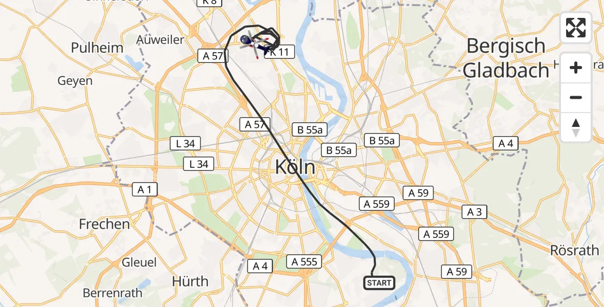 Flugroute Polizeihubschrauber Köln - Köln, 16 Juni 2026, 07:49