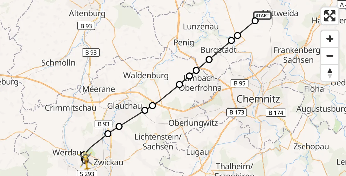 Flugroute Rettungshubschrauber Mittweida - ADAC Air Rescue Station Zwickau Hubschrauberlandeplatz, 16 Juni 2026, 07:49