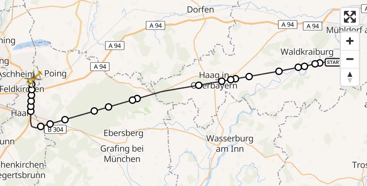 Flugroute Rettungshubschrauber Kraiburg a.Inn - Kirchheim b.München, 16 Juni 2026, 07:50