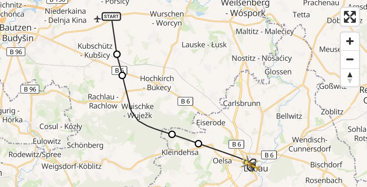 Flugroute Rettungshubschrauber Bautzen Flugplatz - Löbau, 16 Juni 2026, 07:52