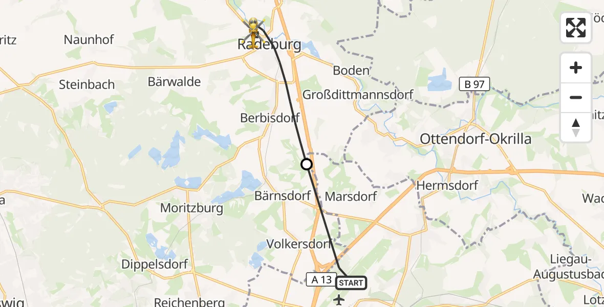 Flugroute Rettungshubschrauber Dresden Flughafen - Radeburg, 16 Juni 2026, 08:01