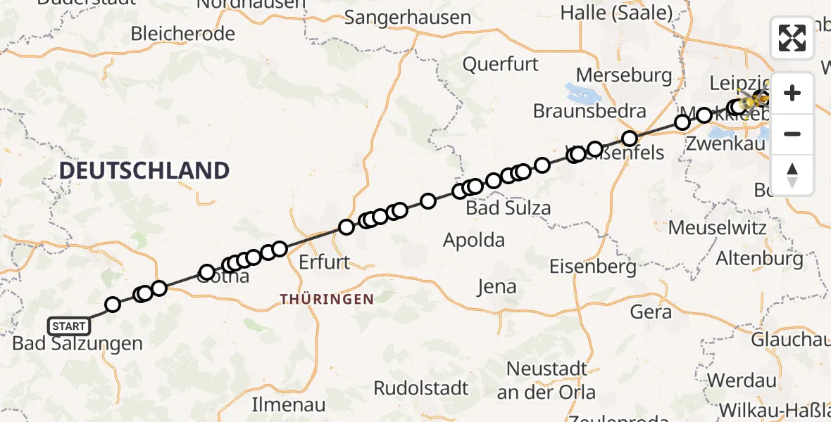 Flugroute Rettungshubschrauber Bad Salzungen - Leipzig Heart Center Ground Hubschrauberlandeplatz, 16 Juni 2026, 08:01