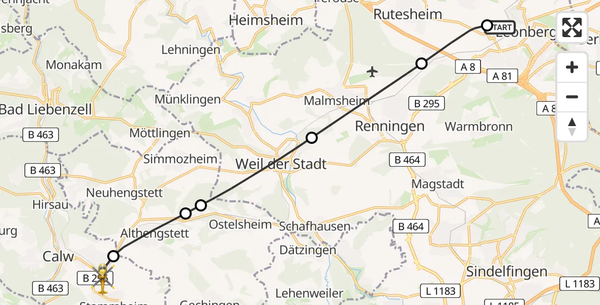 Flugroute Rettungshubschrauber Leonberg Hospital - Calw, 16 Juni 2026, 08:02