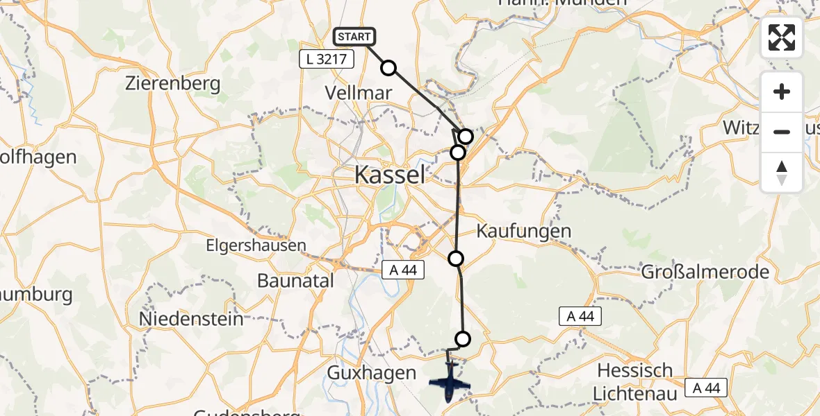 Flugroute Polizeiflugzeug Espenau - Guxhagen, 16 Juni 2026, 08:04