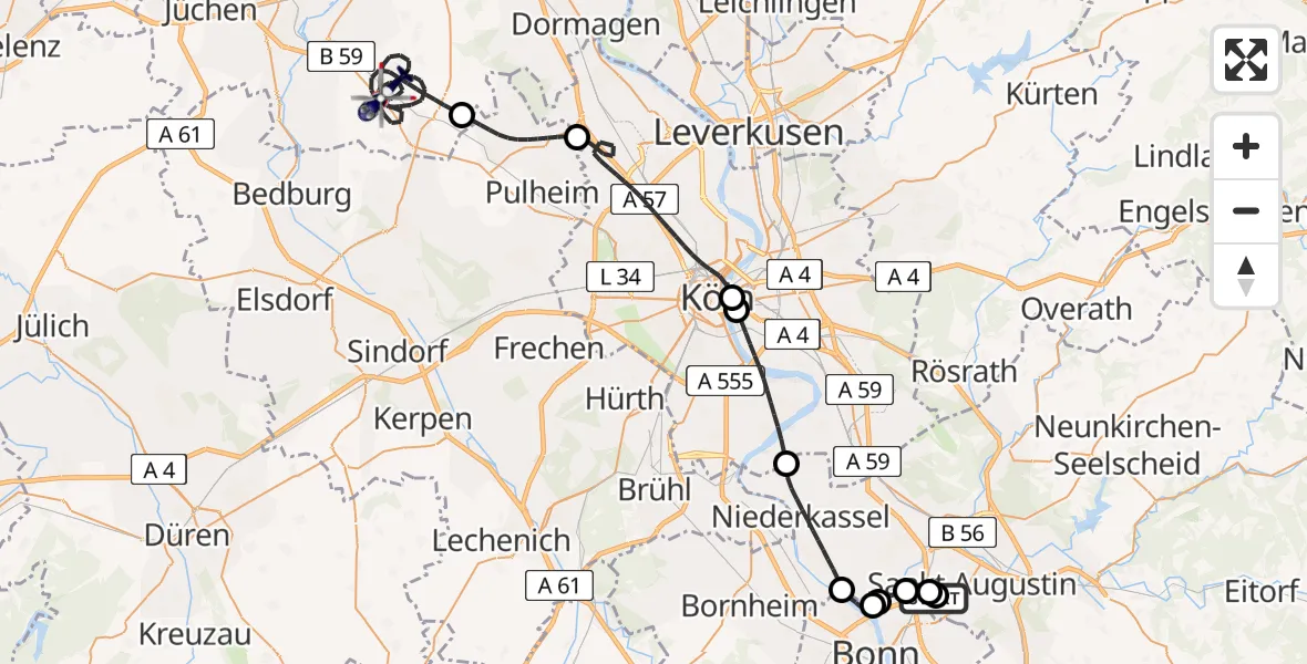 Flugroute Polizeihubschrauber Sankt Augustin - Rommerskirchen, 16 Juni 2026, 08:05