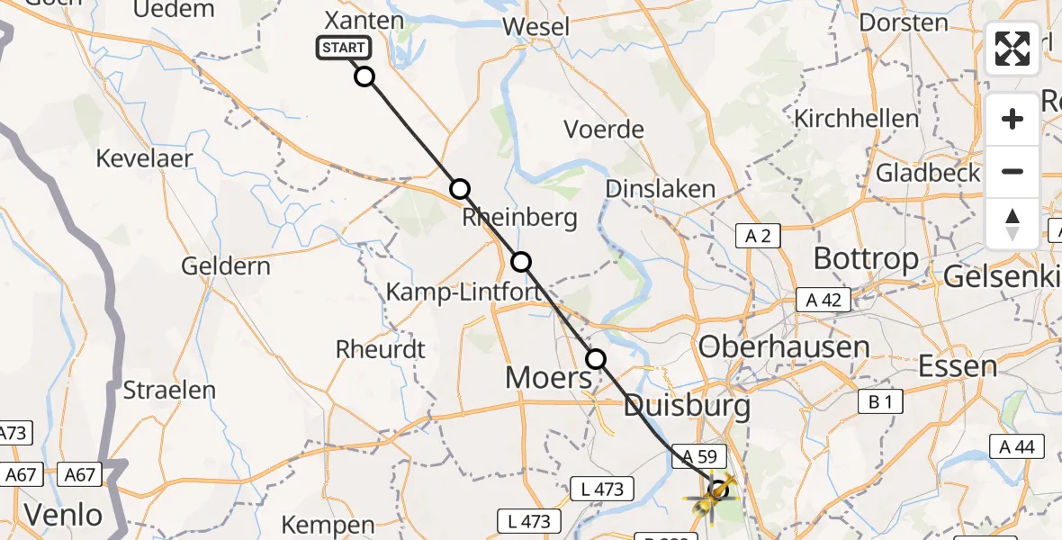 Flugroute Rettungshubschrauber Xanten - Duisburg Air Rescue Hubschrauberlandeplatz (Christoph 9), 16 Juni 2026, 08:07