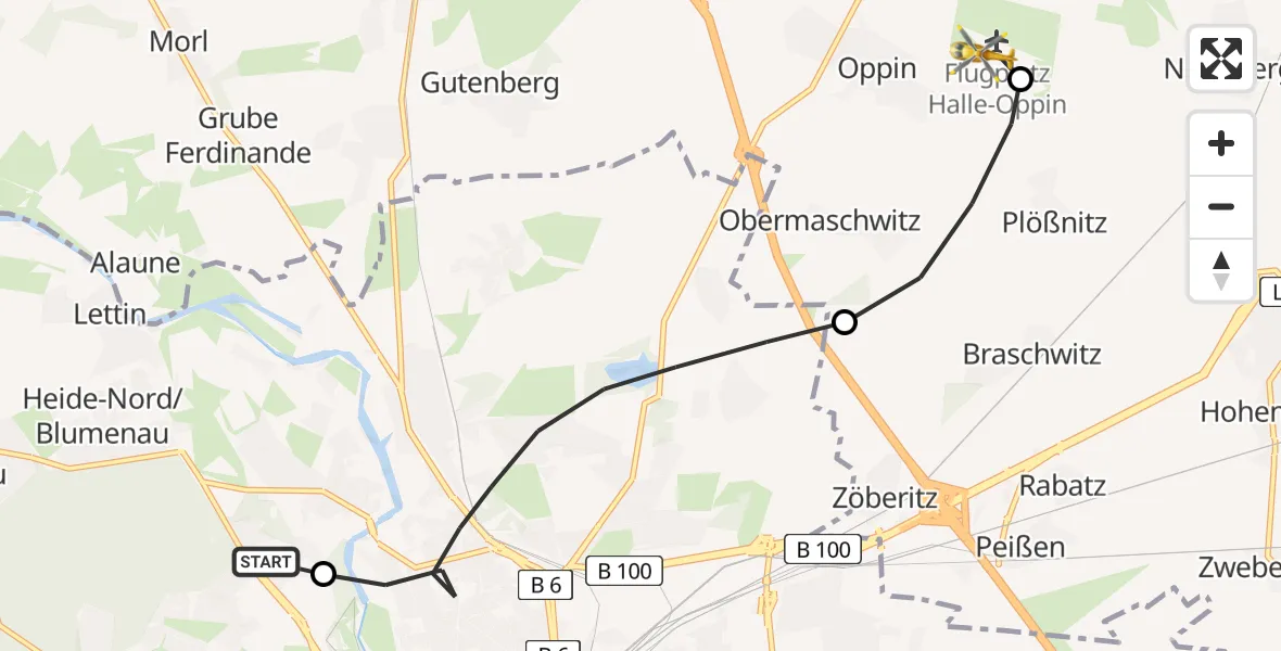 Flugroute Rettungshubschrauber Halle (Saale) University Hospital - Halle-Oppin Flugplatz, 16 Juni 2026, 08:13