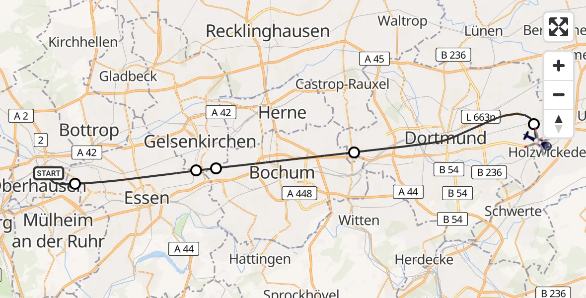Flugroute Polizeihubschrauber Oberhausen - Dortmund Flughafen, 16 Juni 2026, 08:16