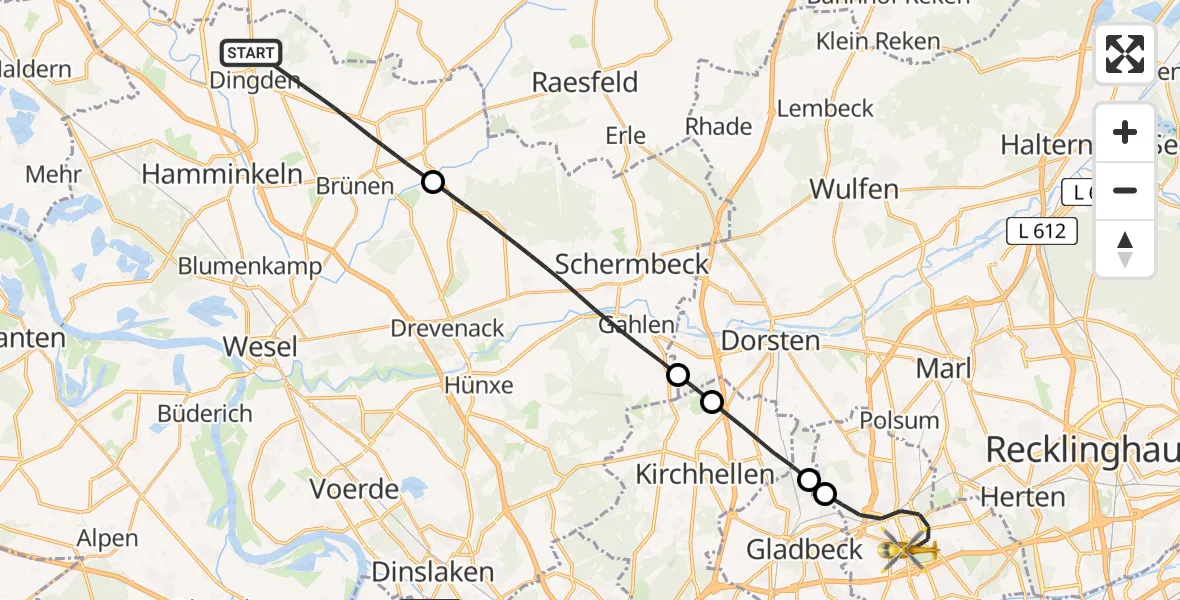 Flugroute Rettungshubschrauber Hamminkeln - Gelsenkirchen, 16 Juni 2026, 08:24