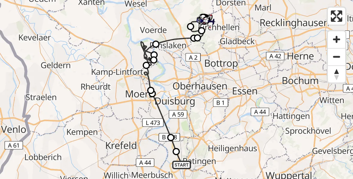 Flugroute Polizeihubschrauber Düsseldorf Flughafen - Bottrop, 16 Juni 2026, 08:24