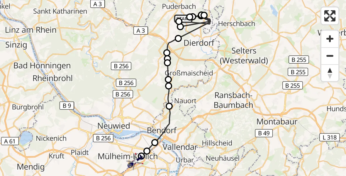 Flugroute Polizeihubschrauber Raubach - Koblenz, 16 Juni 2026, 08:24