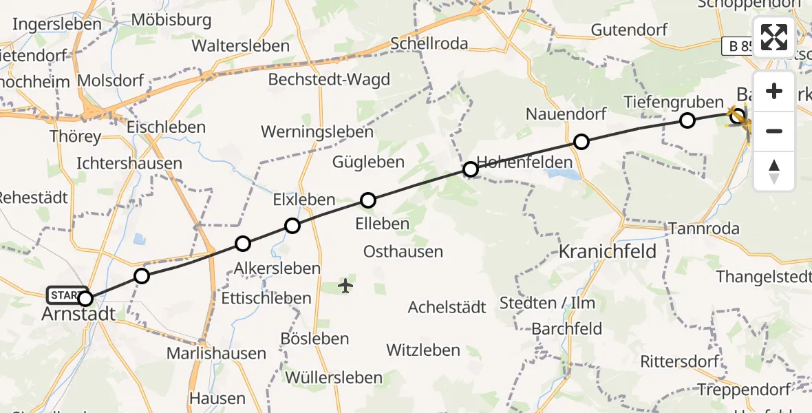 Flugroute Ambulanzhubschrauber Ilm District Hospital Arnstadt-Ilmenau - Bad Berka Central Hospital, 16 Juni 2026, 08:24