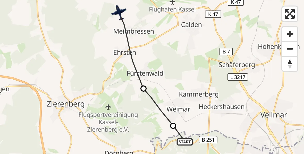 Flugroute Polizeiflugzeug Kassel - Calden, 16 Juni 2026, 08:25