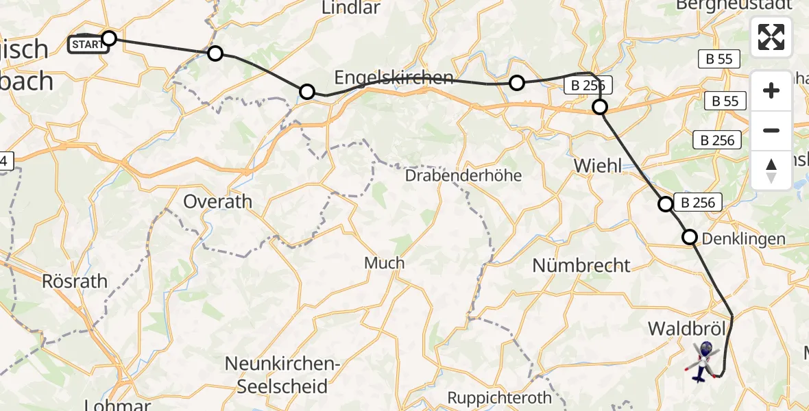 Flugroute Polizeihubschrauber Bergisch Gladbach - Waldbröl, 16 Juni 2026, 08:26