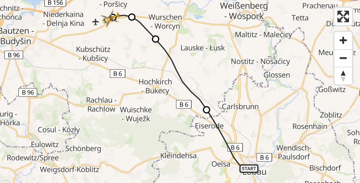 Flugroute Rettungshubschrauber Löbau - Bautzen Flugplatz, 16 Juni 2026, 08:26