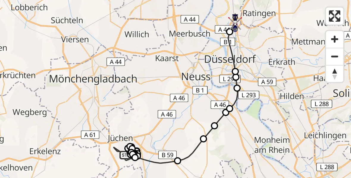 Flugroute Polizeihubschrauber Jüchen - Düsseldorf Flughafen, 16 Juni 2026, 08:27