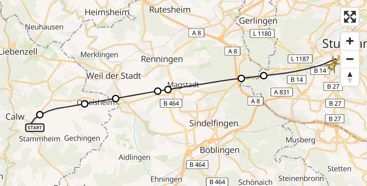 Flugroute Rettungshubschrauber Calw - Stuttgart, 16 Juni 2026, 08:32