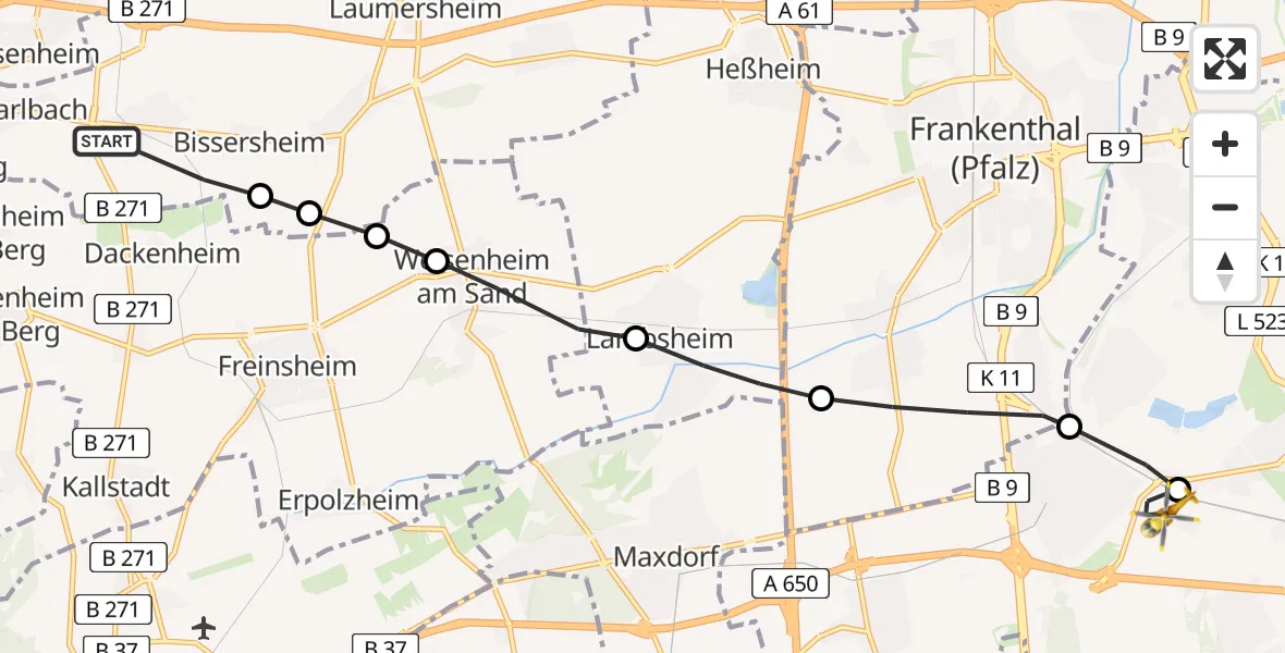 Flugroute Rettungshubschrauber Kirchheim an der Weinstraße - Ludwigshafen Accident Hospital, 16 Juni 2026, 08:35