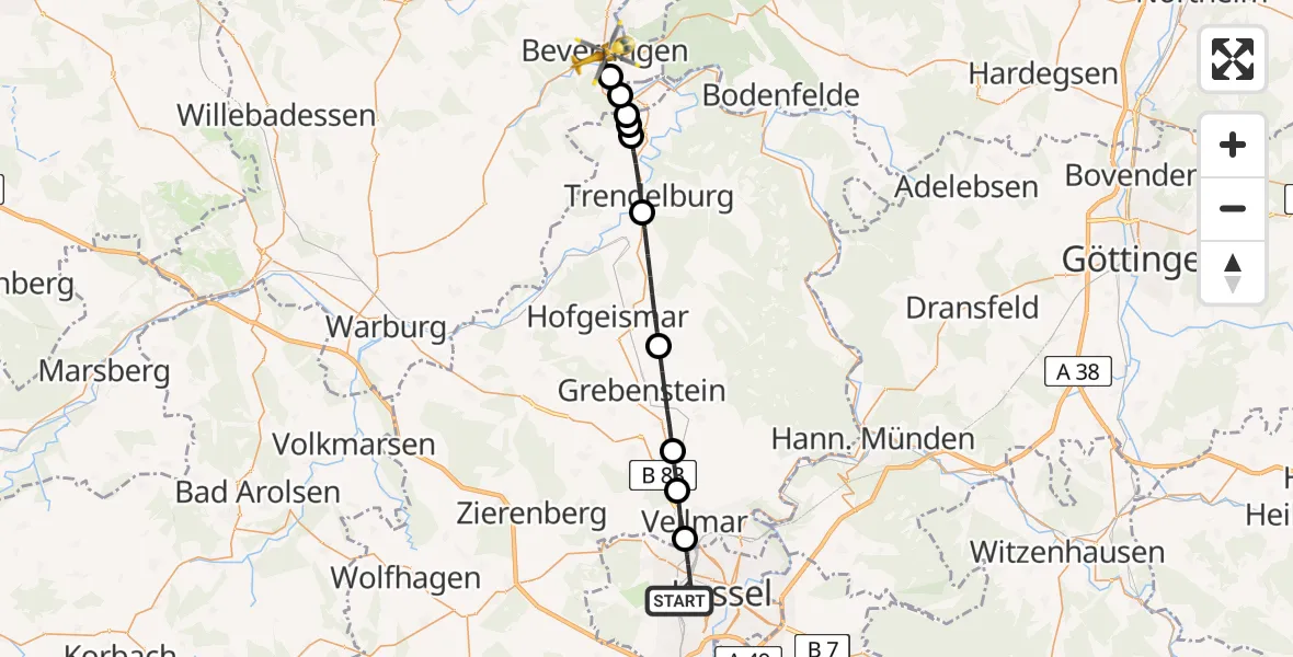 Flugroute Rettungshubschrauber Kassel - Beverungen, 16 Juni 2026, 08:37