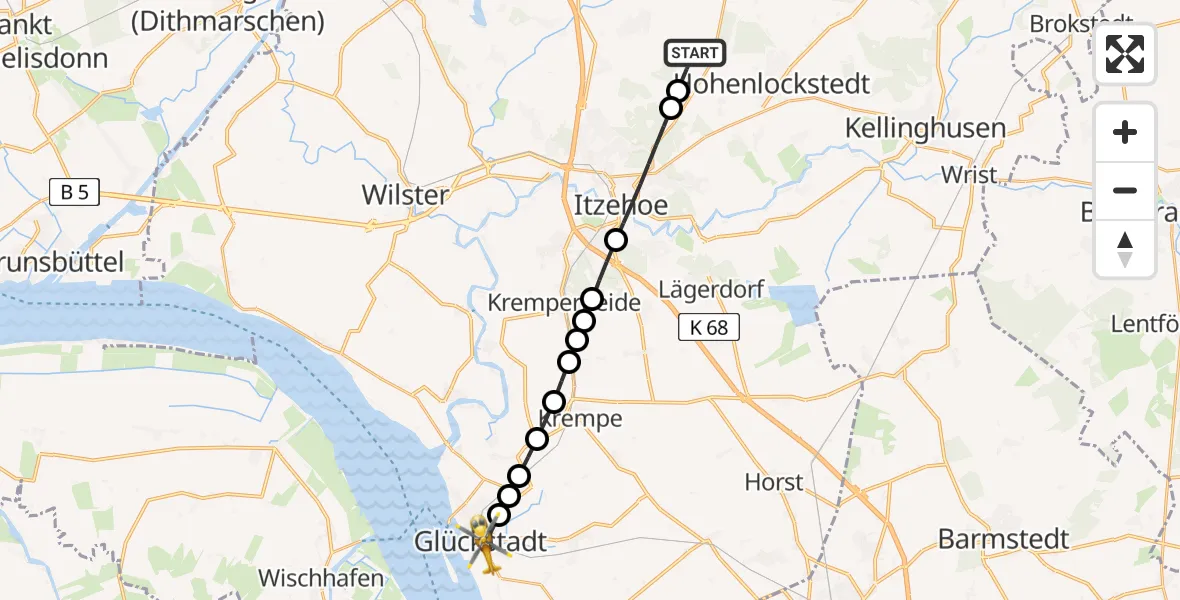 Flugroute Rettungshubschrauber Hohenlockstedt - Glückstadt, 16 Juni 2026, 08:38