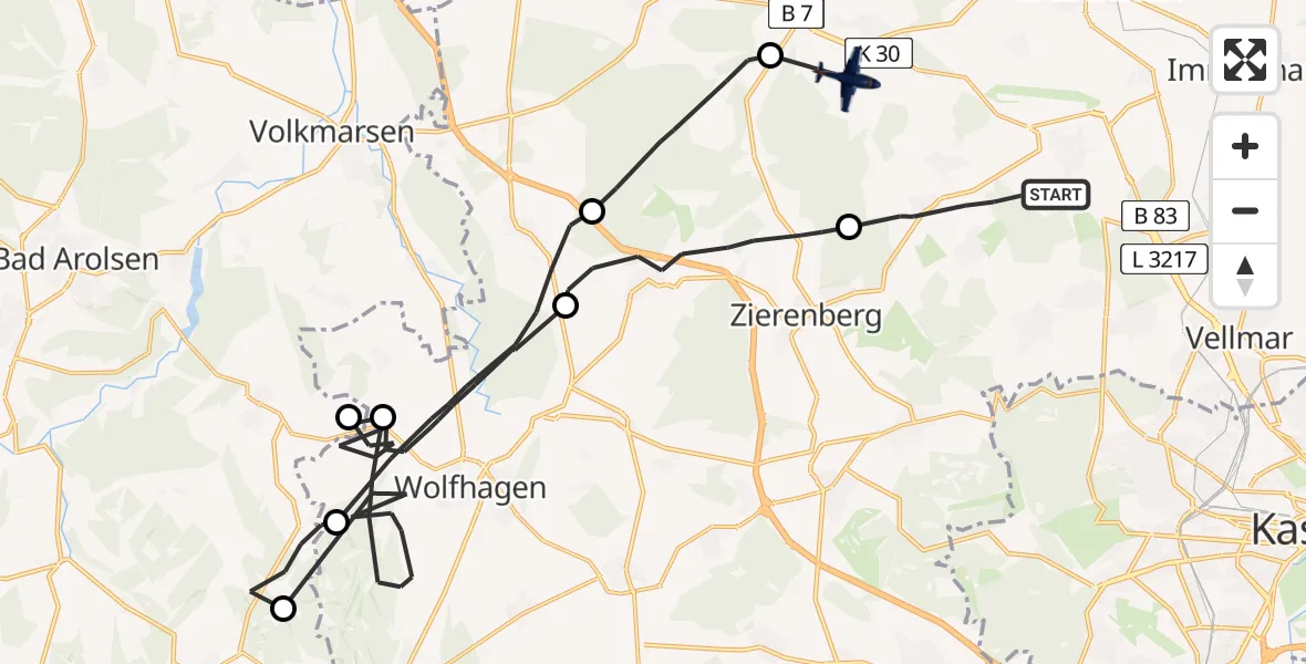 Flugroute Polizeiflugzeug Calden - Calden, 16 Juni 2026, 08:40