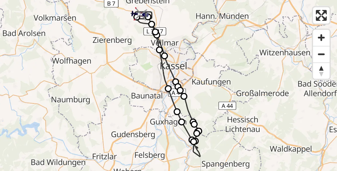 Flugroute Polizeihubschrauber Kassel Flughafen - Kassel Flughafen, 16 Juni 2026, 08:43