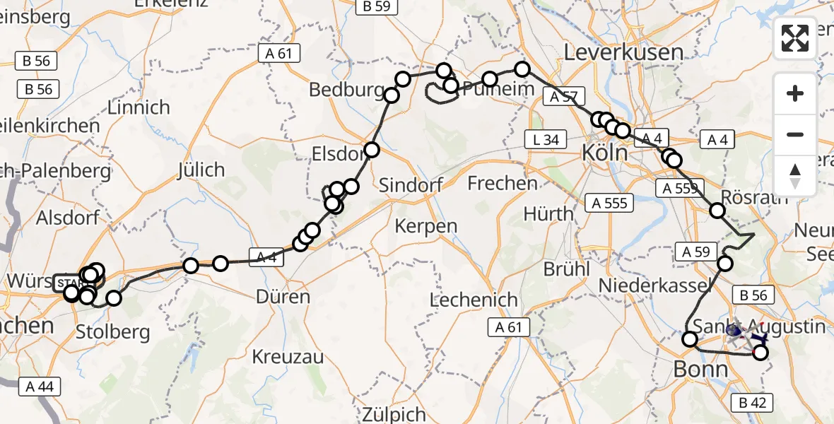 Flugroute Polizeihubschrauber Würselen - Sankt Augustin, 16 Juni 2026, 08:44