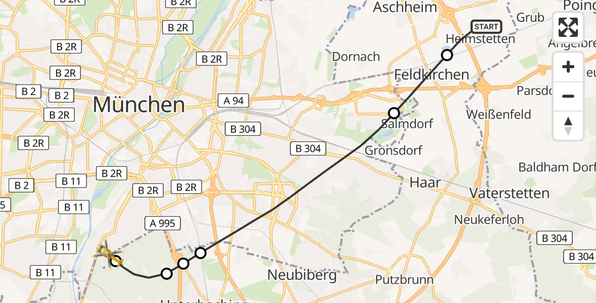 Flugroute Rettungshubschrauber Kirchheim b.München - ADAC Air Rescue Center Hubschrauberlandeplatz (Christoph 1), 16 Juni 2026, 08:45
