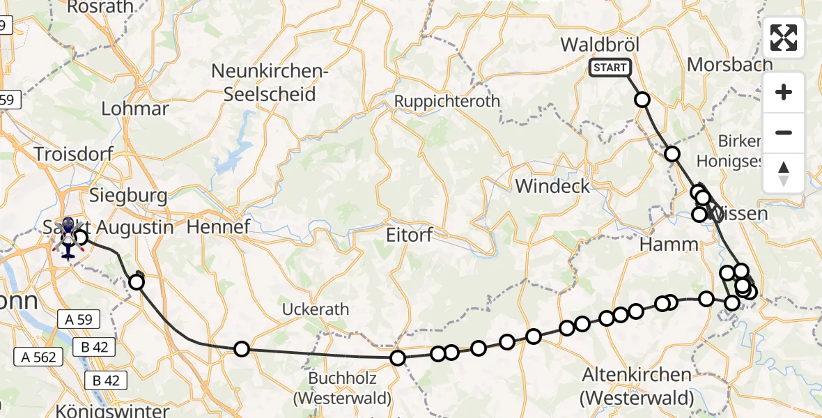 Flugroute Polizeihubschrauber Waldbröl - Sankt Augustin, 16 Juni 2026, 08:48