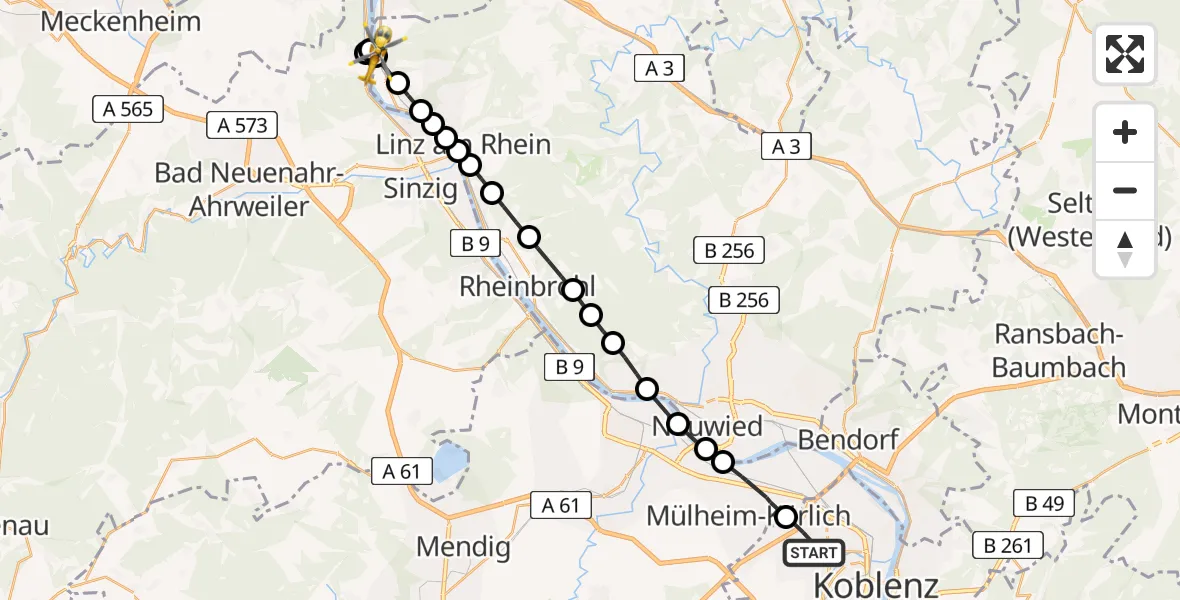 Flugroute Rettungshubschrauber Koblenz - Unkel, 16 Juni 2026, 08:49