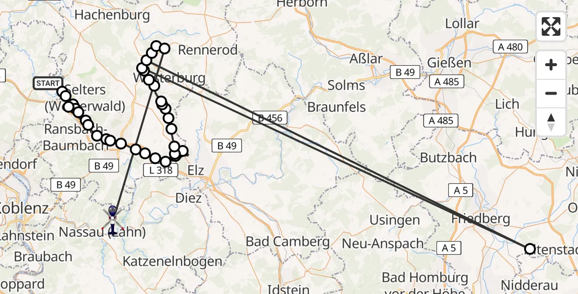 Flugroute Polizeihubschrauber Dierdorf - Winden, 16 Juni 2026, 08:50