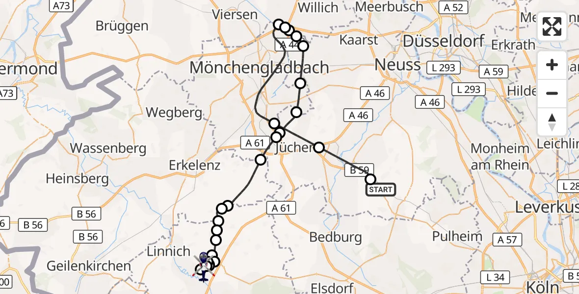 Flugroute Polizeihubschrauber Rommerskirchen - Linnich-Boslar Ultraleichtflugplatz, 16 Juni 2026, 08:51