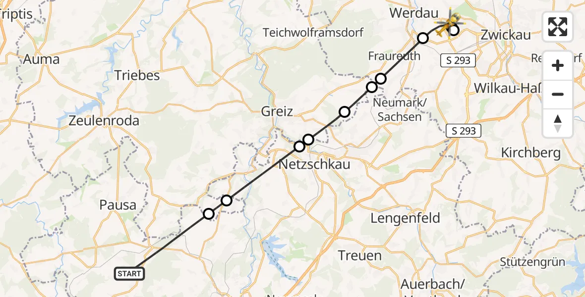 Flugroute Rettungshubschrauber Rosenbach/Vogtl. - Werdau, 16 Juni 2026, 08:52