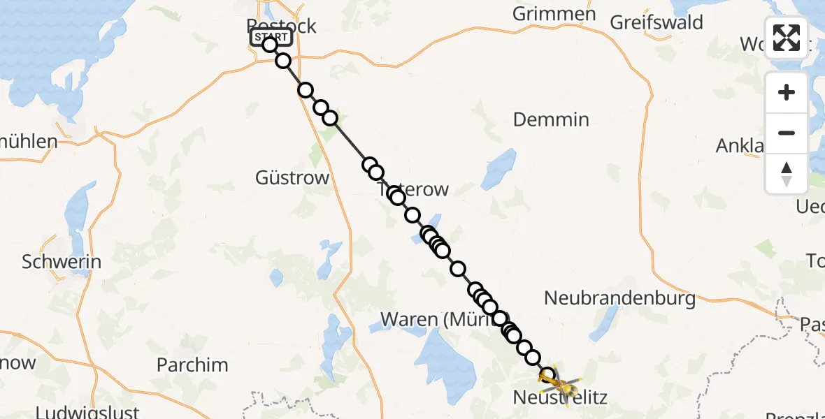Flugroute Rettungshubschrauber Rostock - Neustrelitz, 16 Juni 2026, 08:53