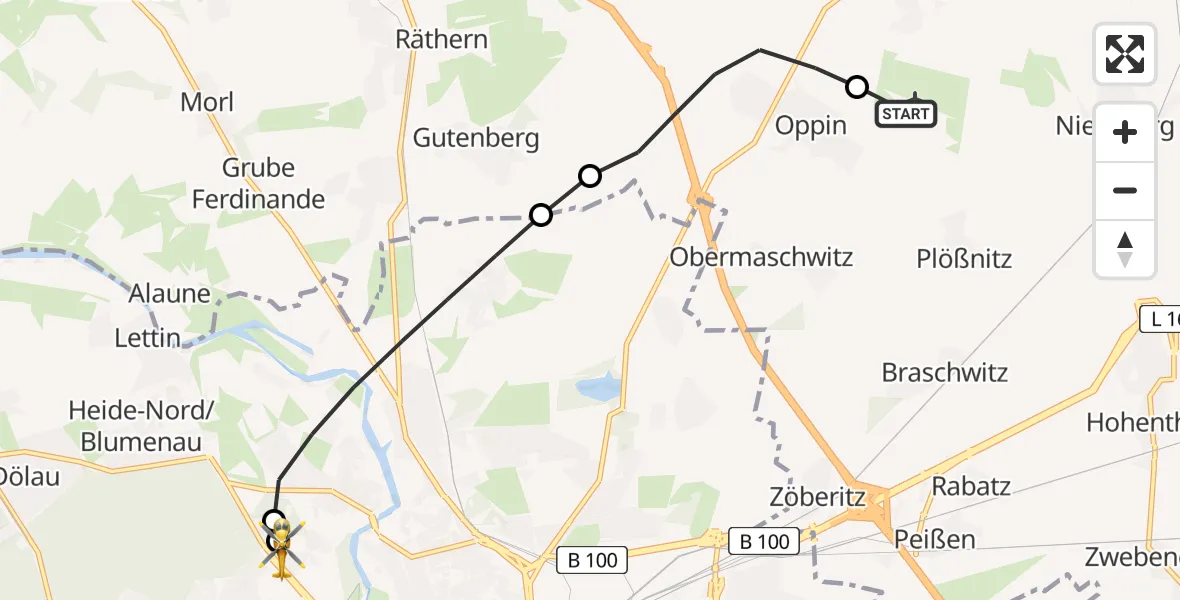 Flugroute Rettungshubschrauber Halle-Oppin Flugplatz - Halle (Saale) University Hospital, 16 Juni 2026, 08:57