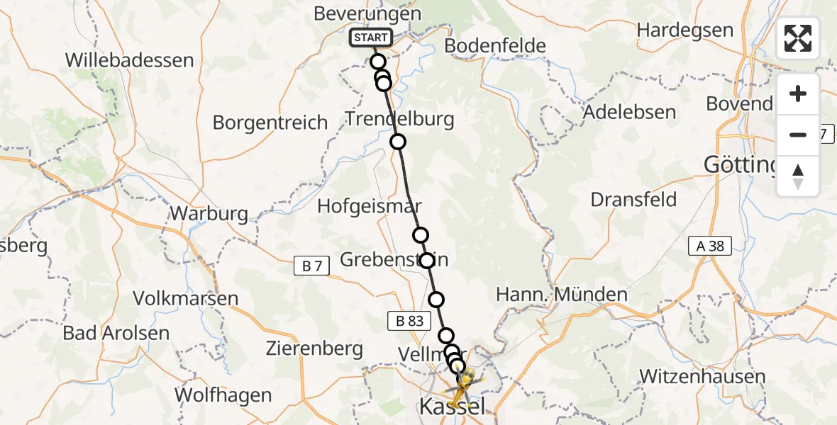 Flugroute Rettungshubschrauber Beverungen - Kassel, 16 Juni 2026, 09:03
