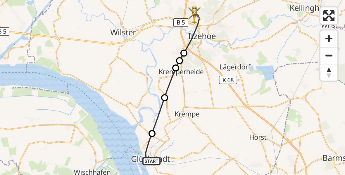 Flugroute Rettungshubschrauber Glückstadt - Itzehoe, 16 Juni 2026, 09:05