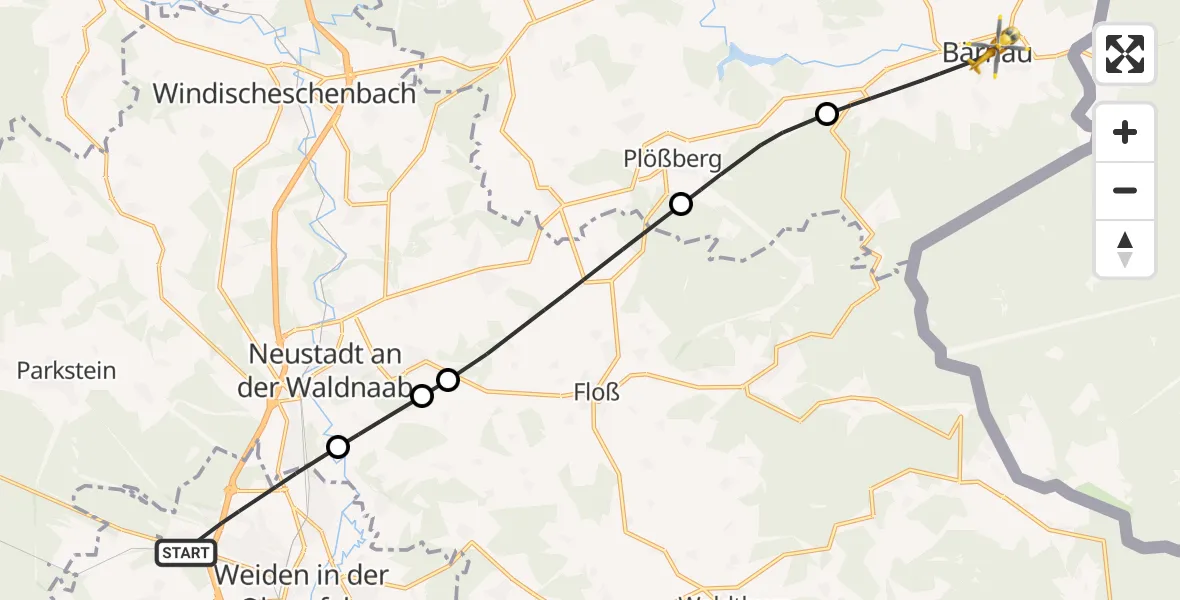 Flugroute Rettungshubschrauber Weiden i.d.OPf. - Bärnau, 16 Juni 2026, 09:05