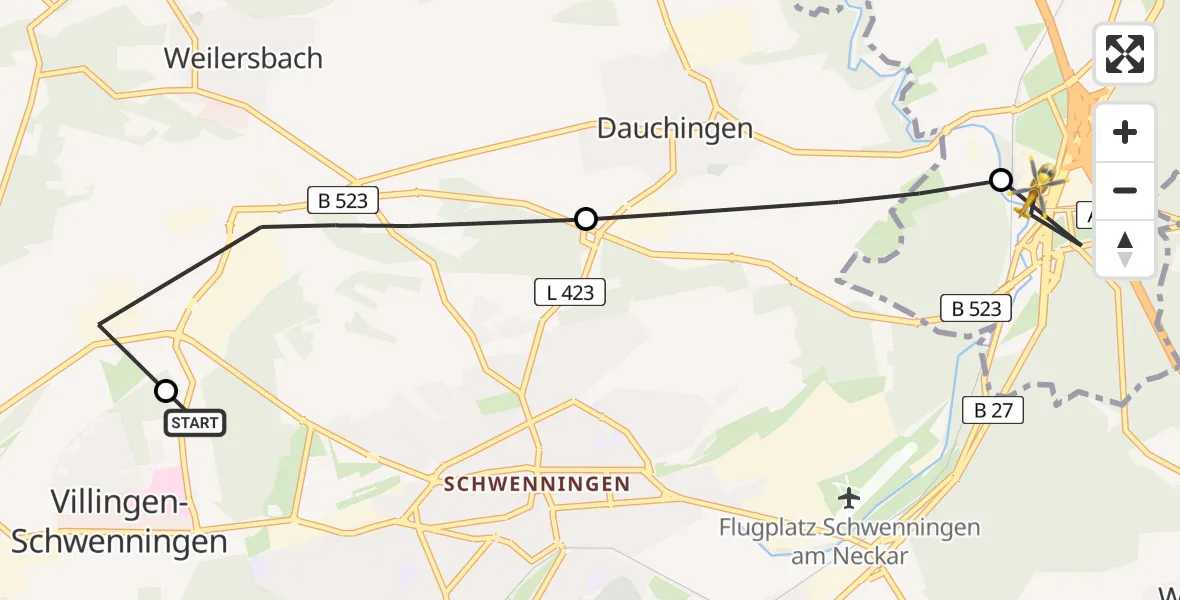Flugroute Ambulanzhubschrauber DRF Air Rescue Station Villingen-Schwenningen Hubschrauberlandeplatz (Christoph 11) - Deißlingen, 16 Juni 2026, 09:07