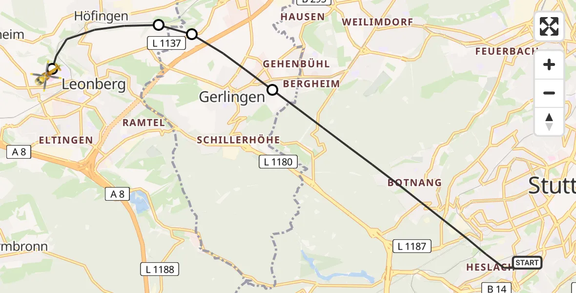 Flugroute Rettungshubschrauber Stuttgart - Leonberg Hospital, 16 Juni 2026, 09:08