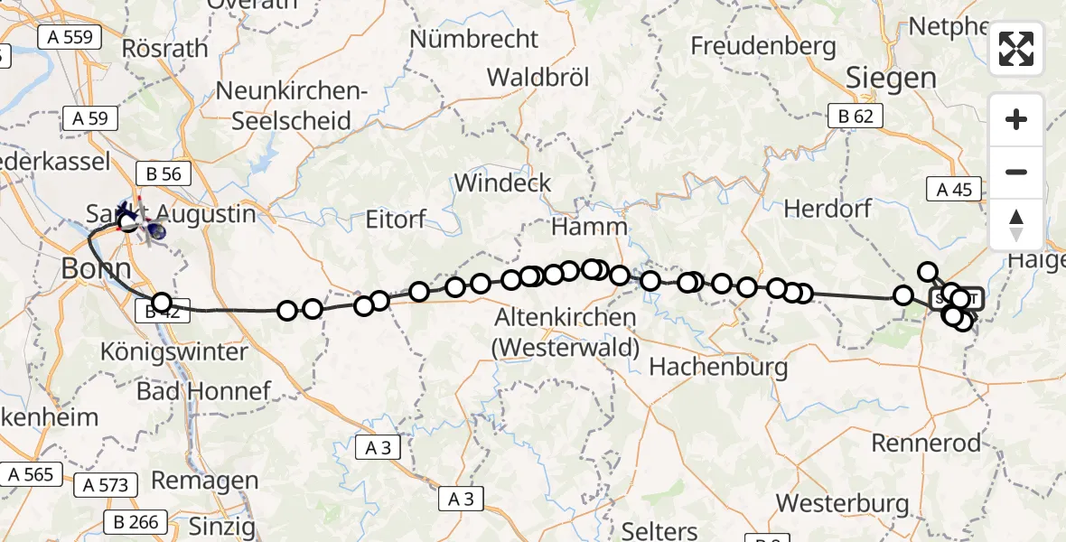 Flugroute Polizeihubschrauber Burbach - Sankt Augustin, 16 Juni 2026, 09:09
