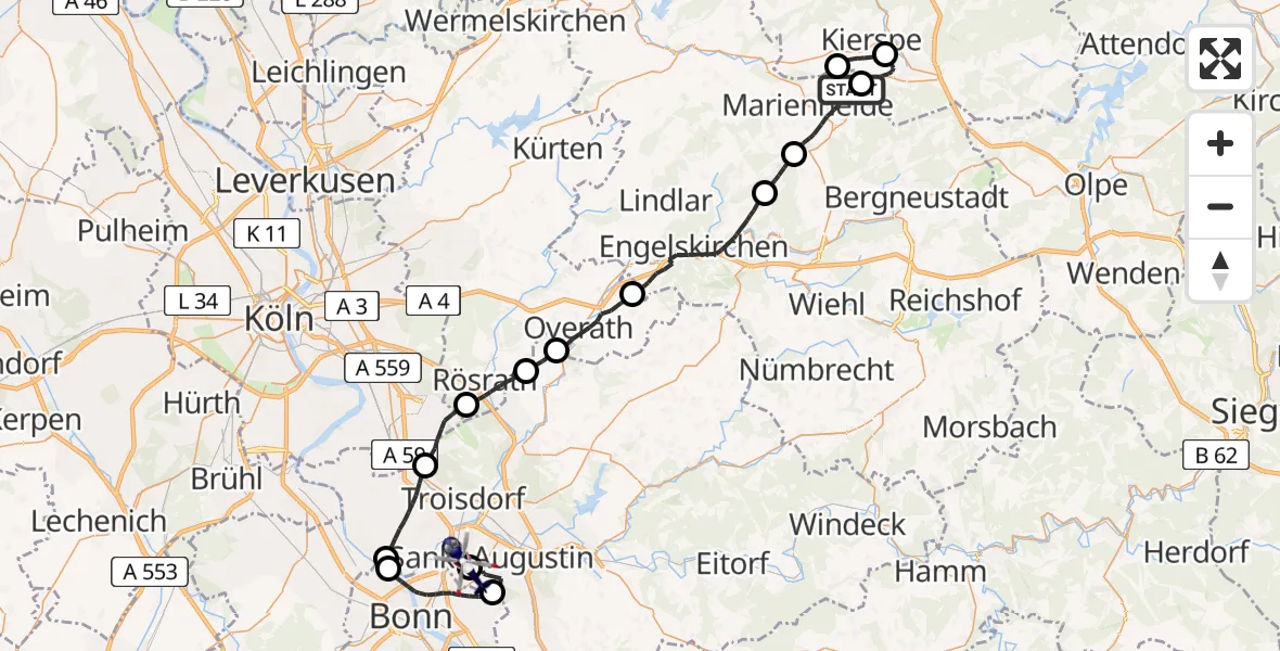 Flugroute Polizeihubschrauber Marienheide - Bonn-Hangelar Flugplatz, 16 Juni 2026, 09:10