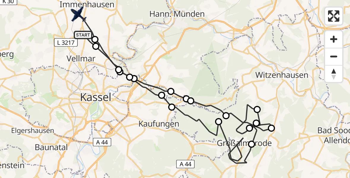 Flugroute Polizeiflugzeug Espenau - Immenhausen, 16 Juni 2026, 09:13
