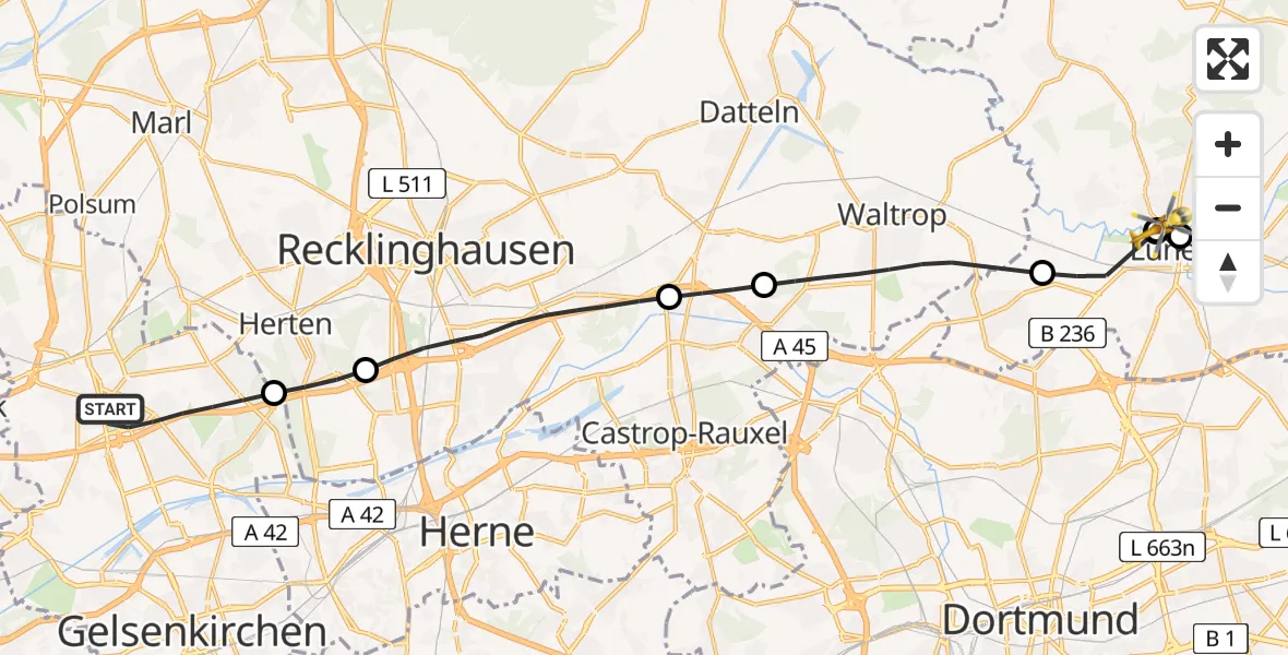 Flugroute Rettungshubschrauber Gelsenkirchen - Sankt Marien Hospital, 16 Juni 2026, 09:15
