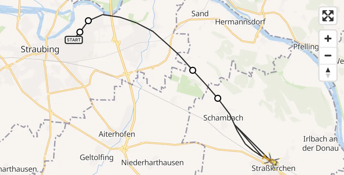 Flugroute Rettungshubschrauber Sankt Elisabeth Hospital Straubing - Straßkirchen, 16 Juni 2026, 09:15