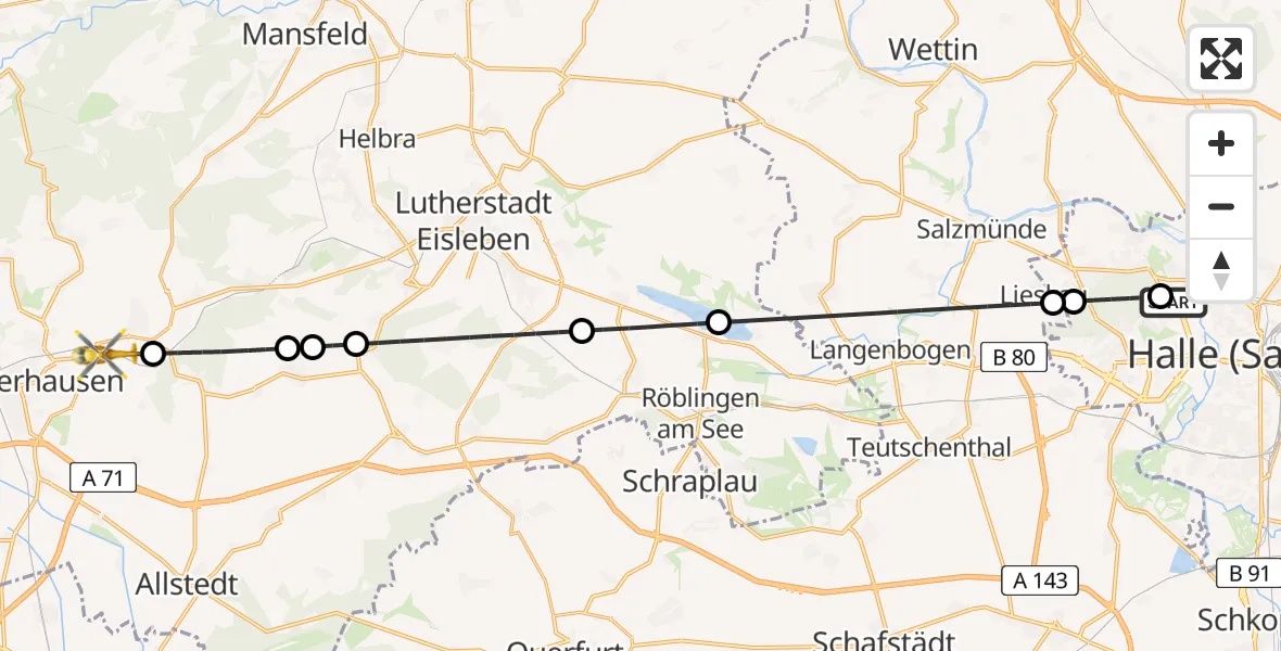 Flugroute Rettungshubschrauber Halle (Saale) University Hospital - Sangerhausen, 16 Juni 2026, 09:18